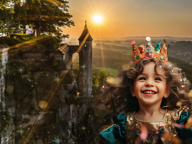 Mädchen mit einer Krone vor dem Hungerturm der Festung Königstein